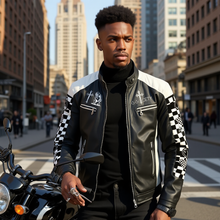 Load image into Gallery viewer, S Society Peace Astro x Flag Race Stand-up Collar Block Slim-fit Leather Jacket