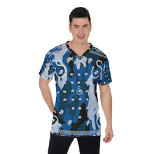 Load image into Gallery viewer, Superhero Society Wavy Blue Camouflage V-Neck T-Shirt