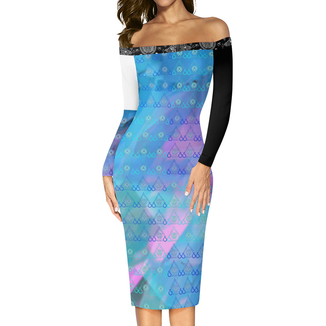 S Society Crystal BP X Stacked Off The Shoulder Long Sleeve Elegant Dress