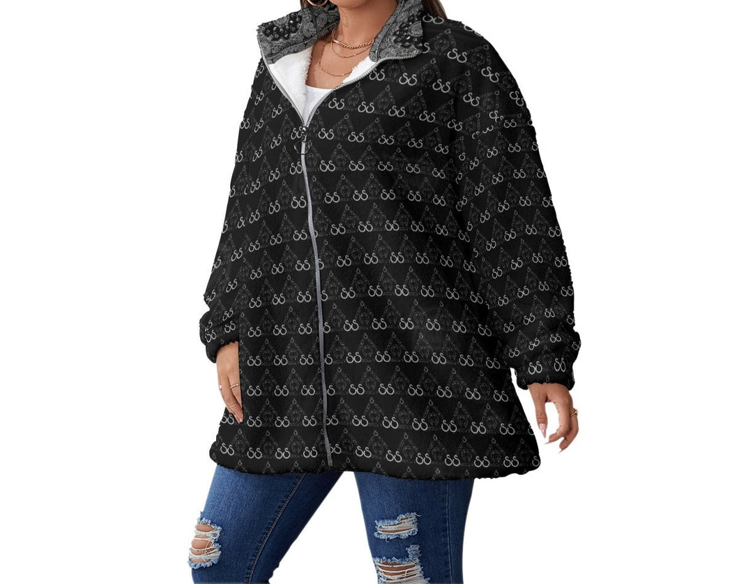 S Society Stacked Grand BW Unisex Fleece Stand-up Collar Coat With Zipper Closure(Plus Size)