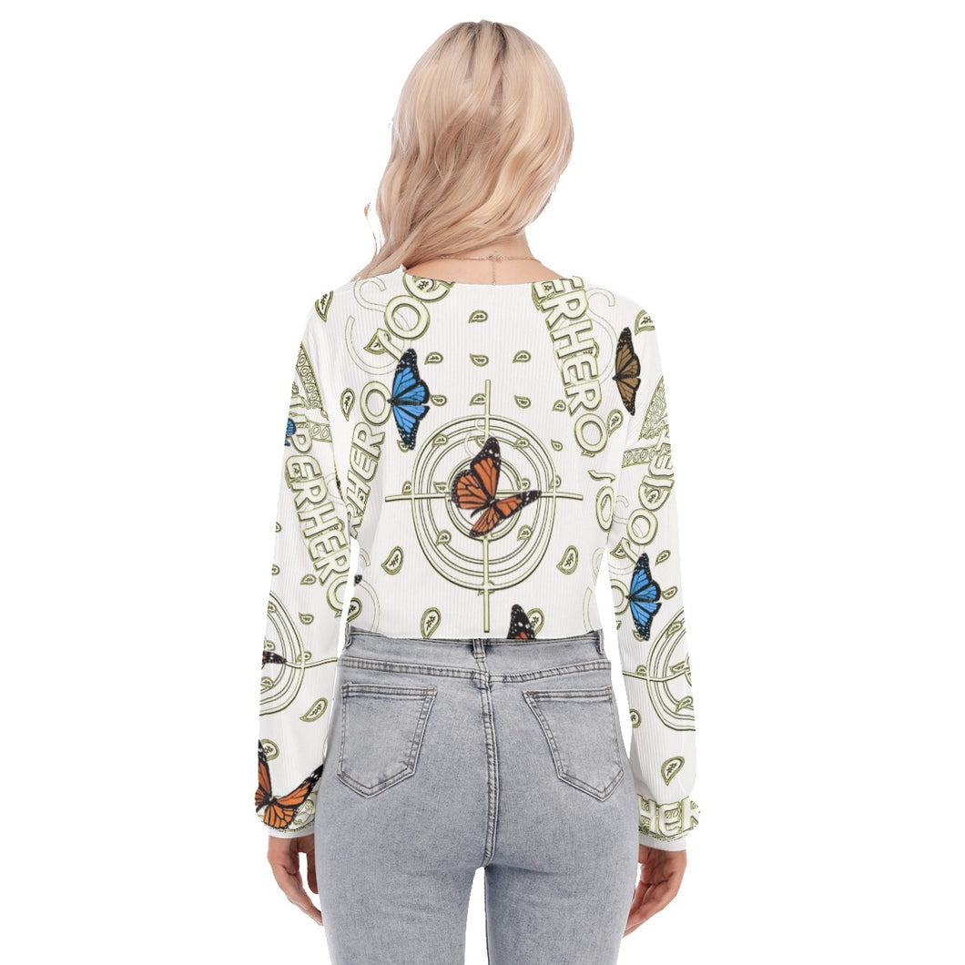 Superhero Society Golden Butterfly Lapel Long Sleeve Cropped T-shirt