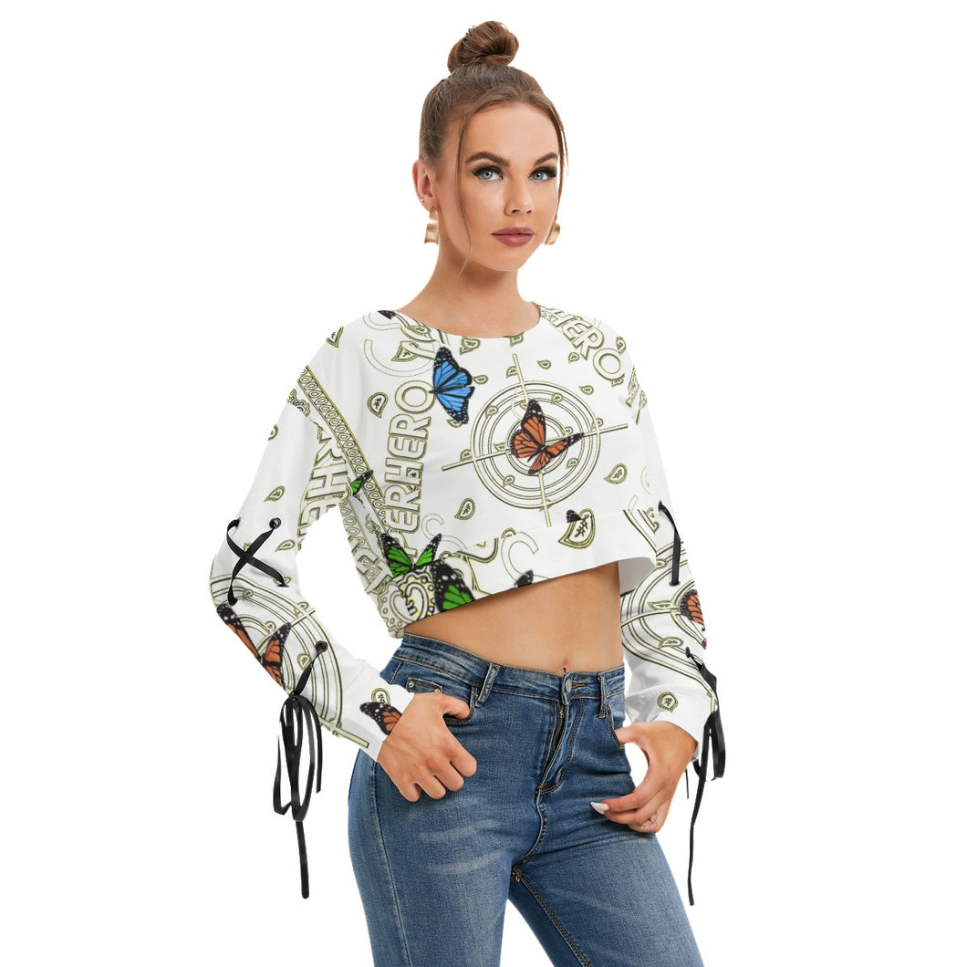 Superhero Society Golden Butterfly Long Sleeve Cropped Sweatshirt With Lace up