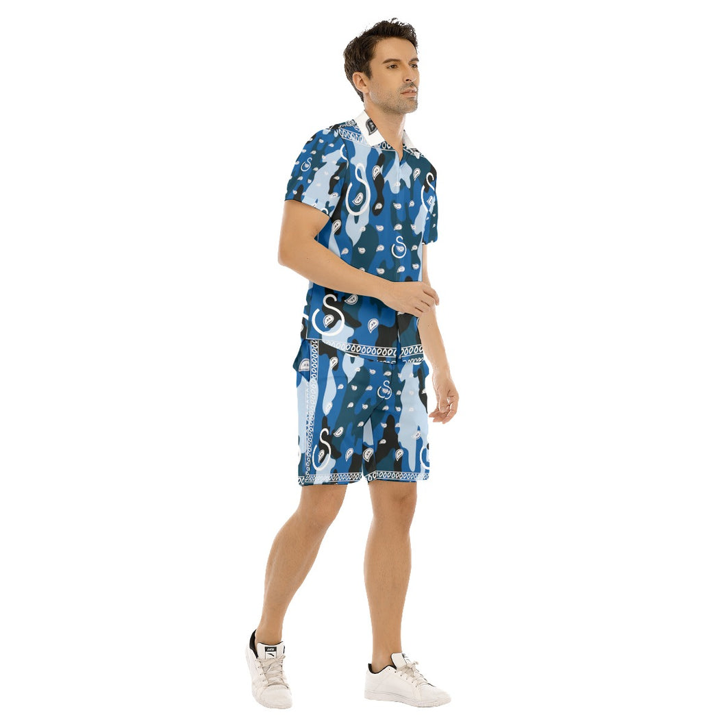 Superhero Society Wavy Blue Camouflage Men's Short Sleeve Shirt Sets