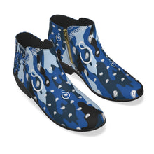 Load image into Gallery viewer, Superhero Society Wavy Blue Camouflage Suede Low Rise Boots
