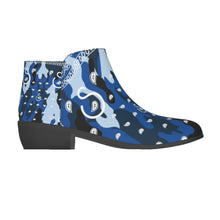 Load image into Gallery viewer, Superhero Society Wavy Blue Camouflage Suede Low Rise Boots
