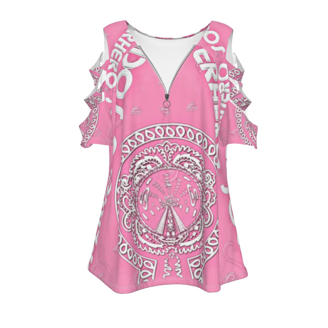 Superhero Society Girly Girl Pink Women's Shoulder Cutout Shirt w/ Zipper Closure