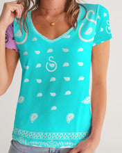 Load image into Gallery viewer, Superhero Society Neon Blue Women&#39;s V-Neck Tee
