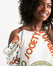 Load image into Gallery viewer, Superhero Society street wear edition tag logo Women&#39;s Open Shoulder A-Line Dress
